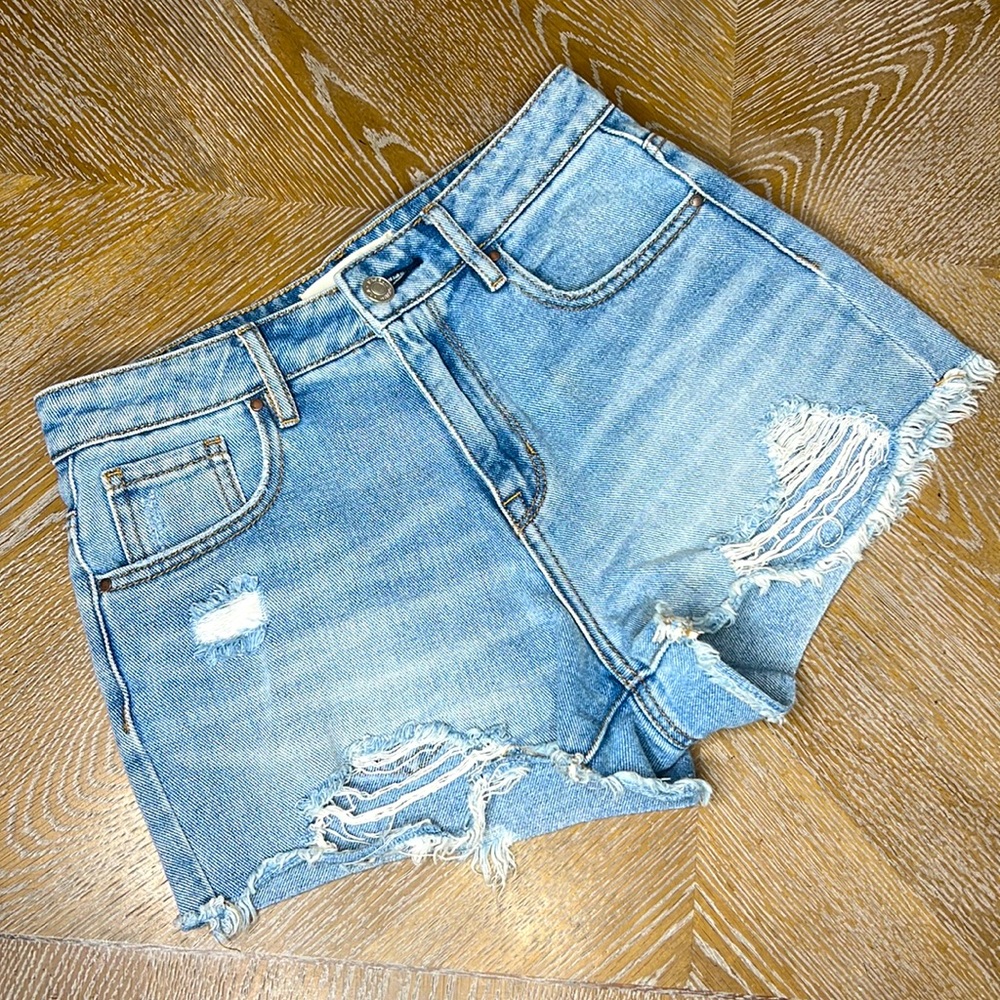 PACSUN Blue High Rise Distressed Denim Short 25